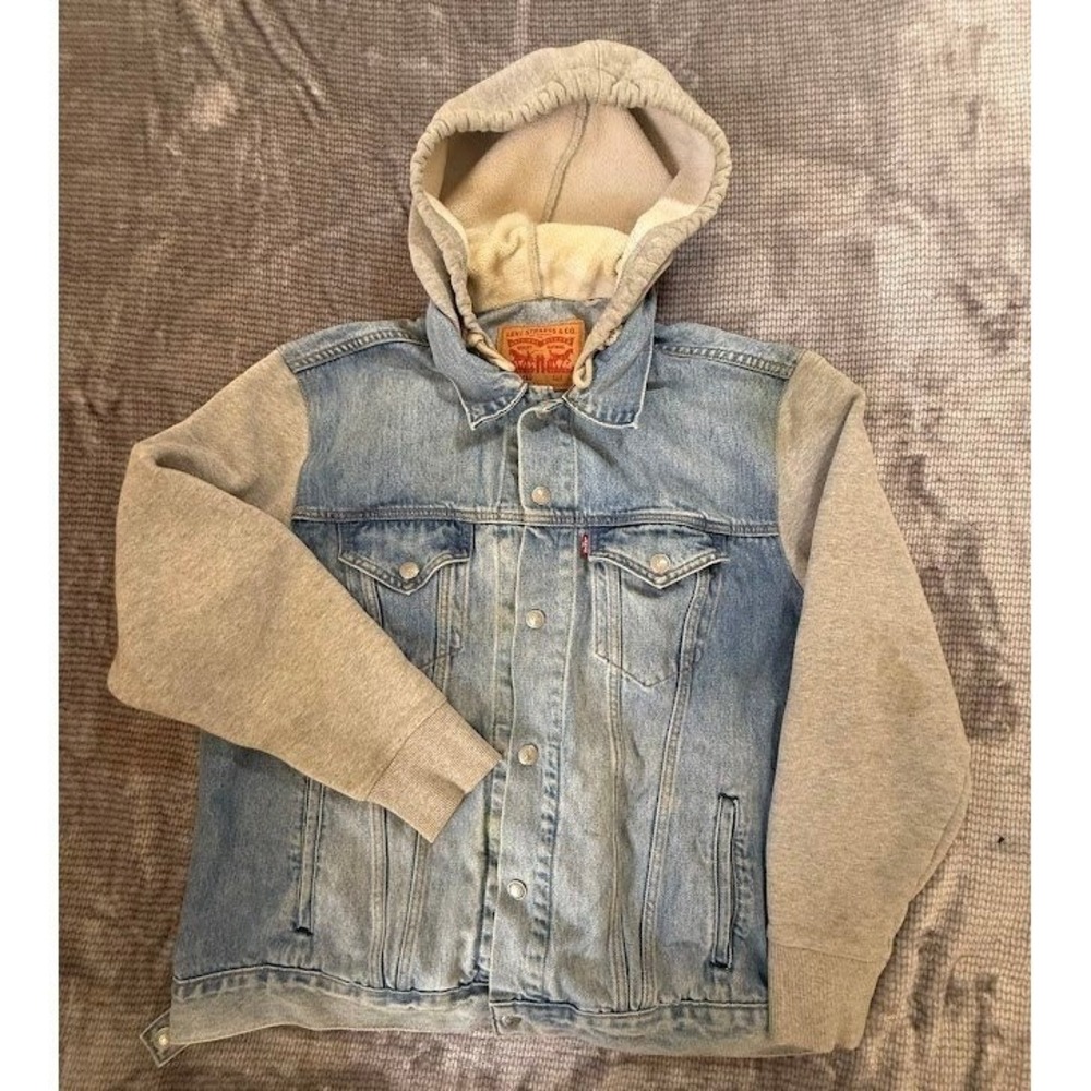 Levis Mens Relaxed Fit Denim‎ Trucker Jacket Grey Jersey Hooded Long Sleeves